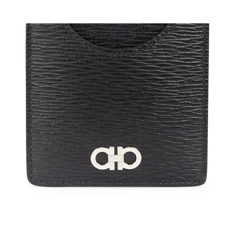$395 NIB FERRAGAMO Black Two Tone Finish Revival Gancini Leather Card Case